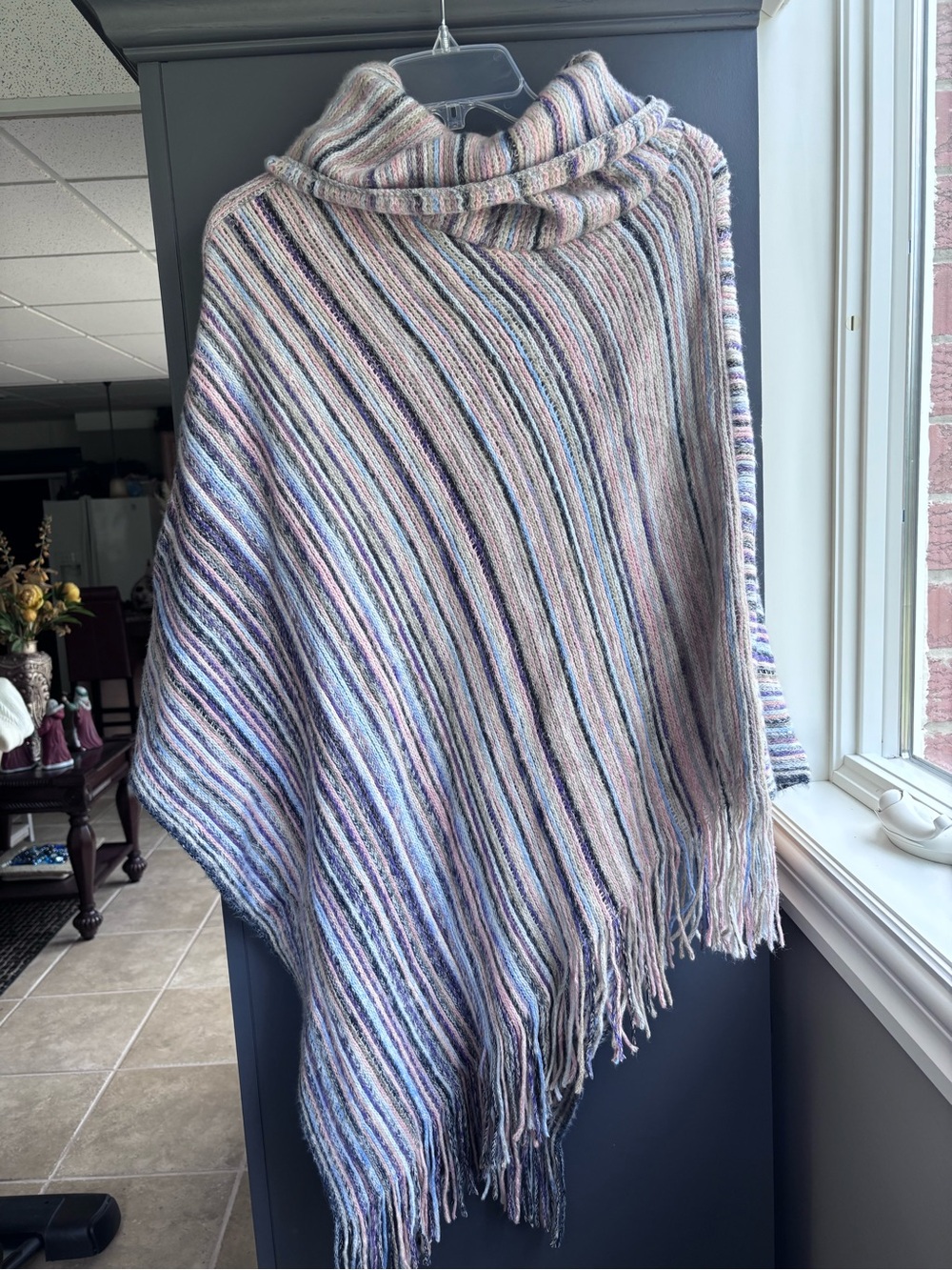 Striped Multicolor Knit Poncho with Fringe